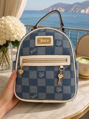 Juicy Couture Blue Check Mini Backpack with Cream Trim and Gold Accents